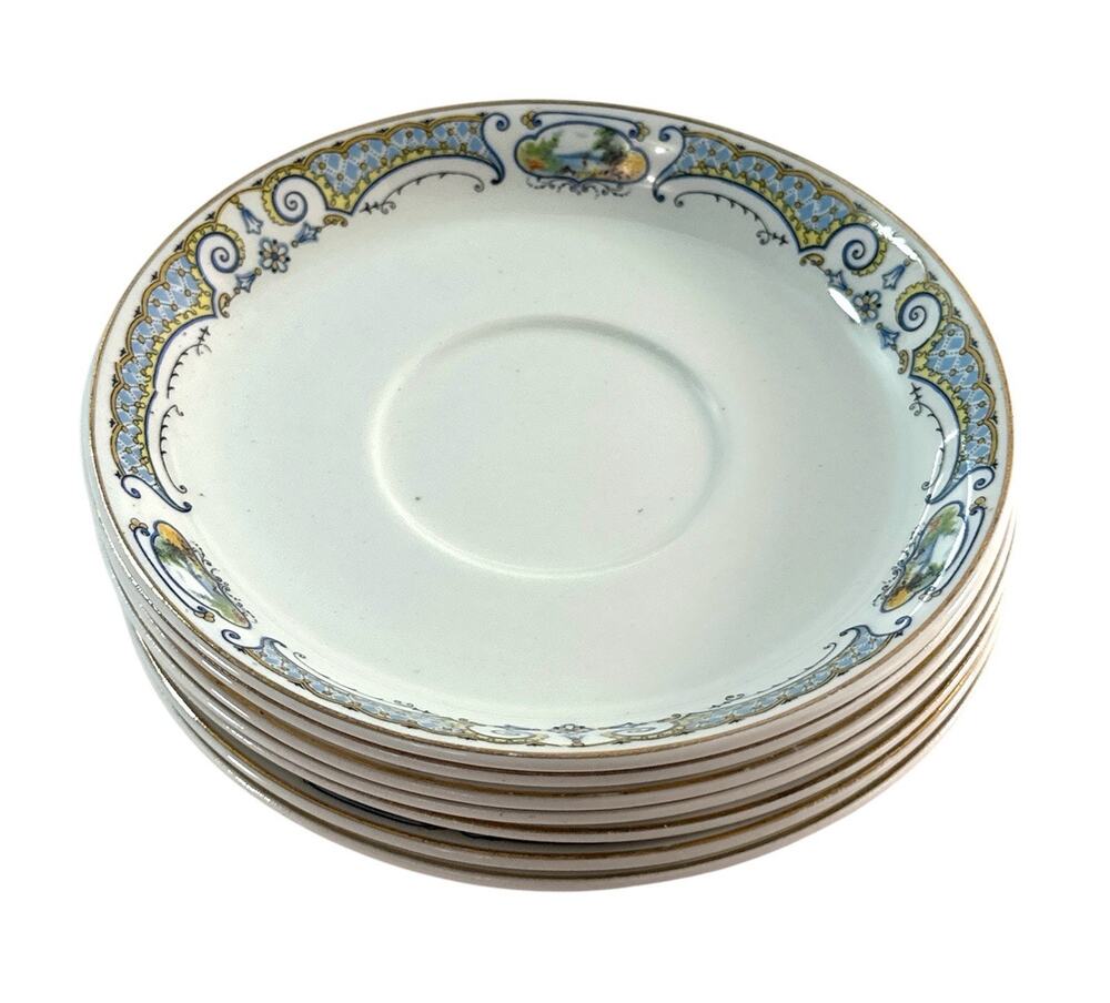 Antique Johnson Bros England Scenic Porcelain Saucers Set of 7 Blue Gold 5.5”
